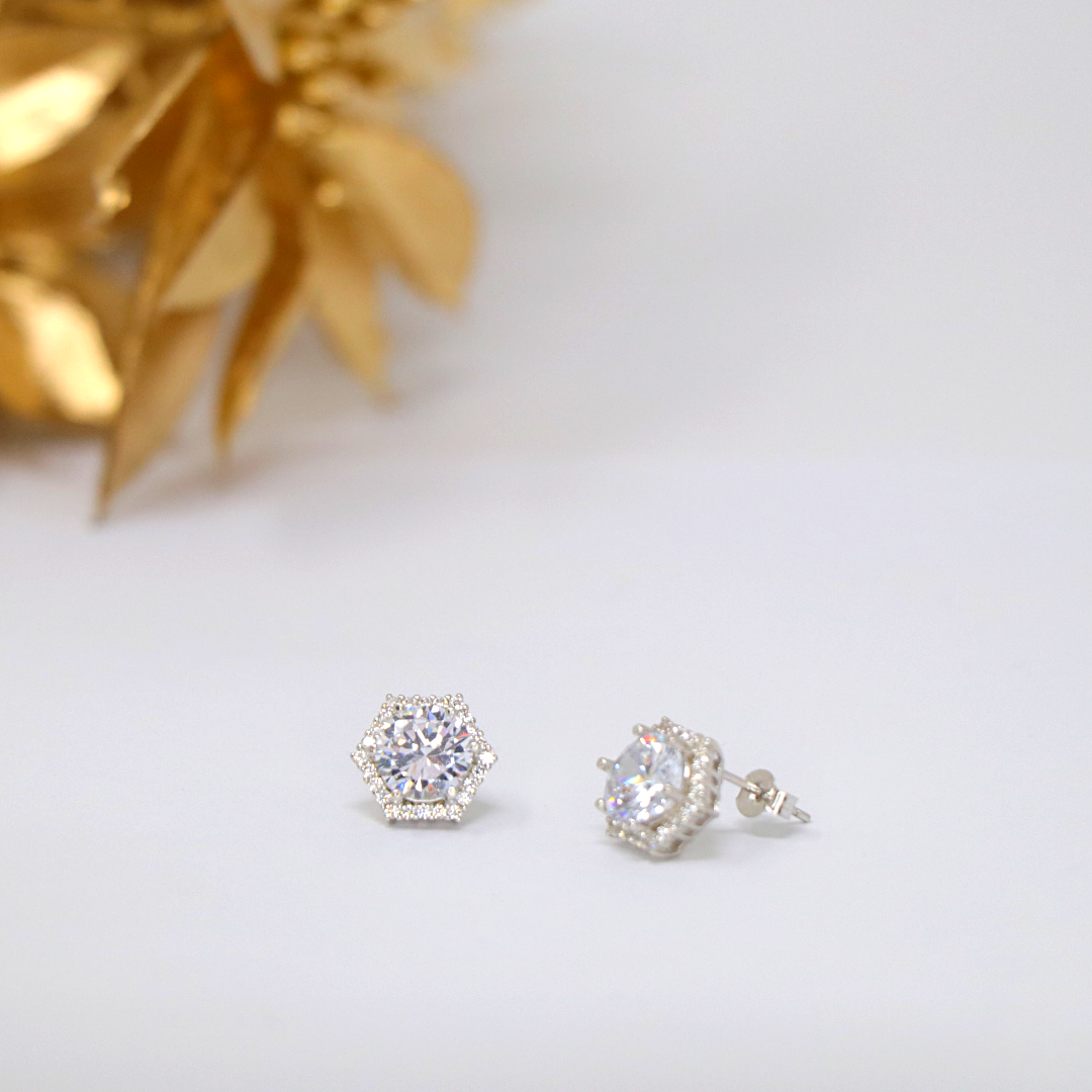 Silver Hexa Solitaire Studs