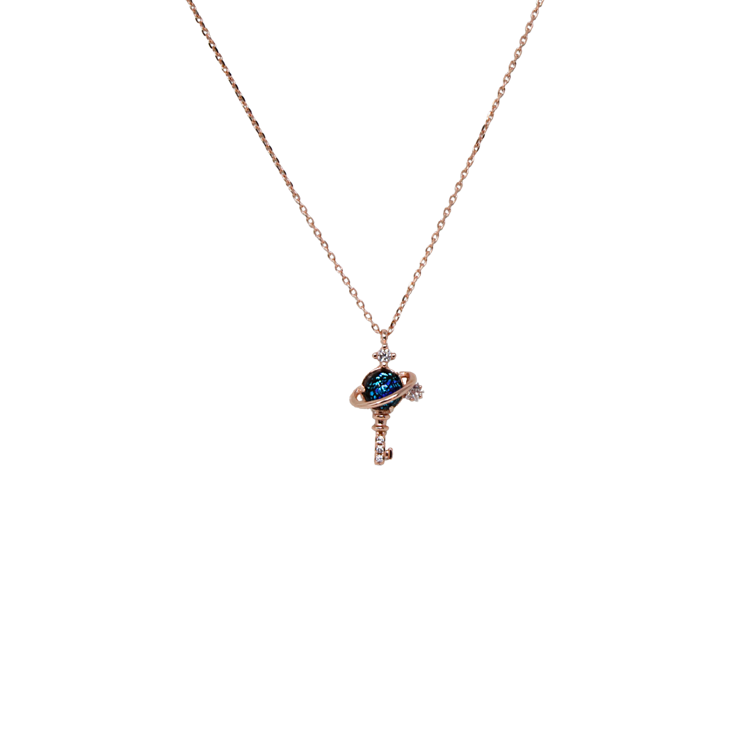 Rose Gold Enamel Saturn Key Chain And Locket