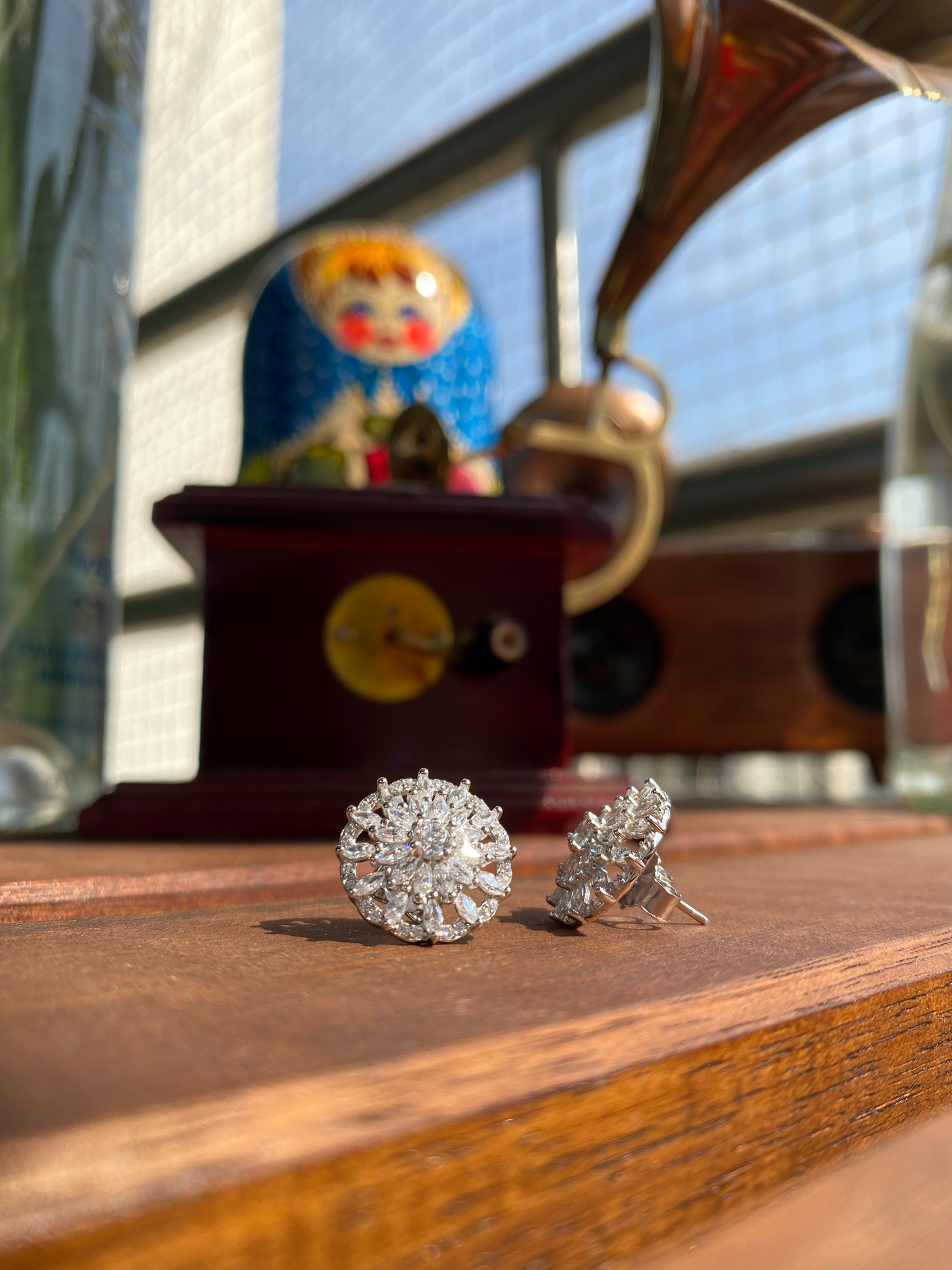 Silver Round Flower Studs