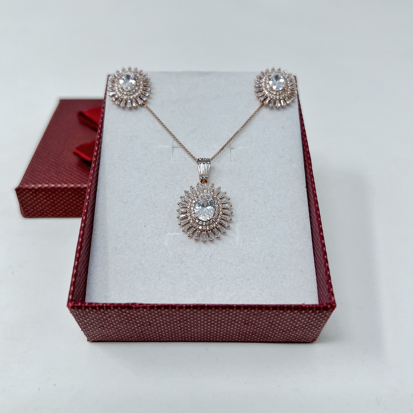 Rose Gold Oval Cut Baguette Pendant Set