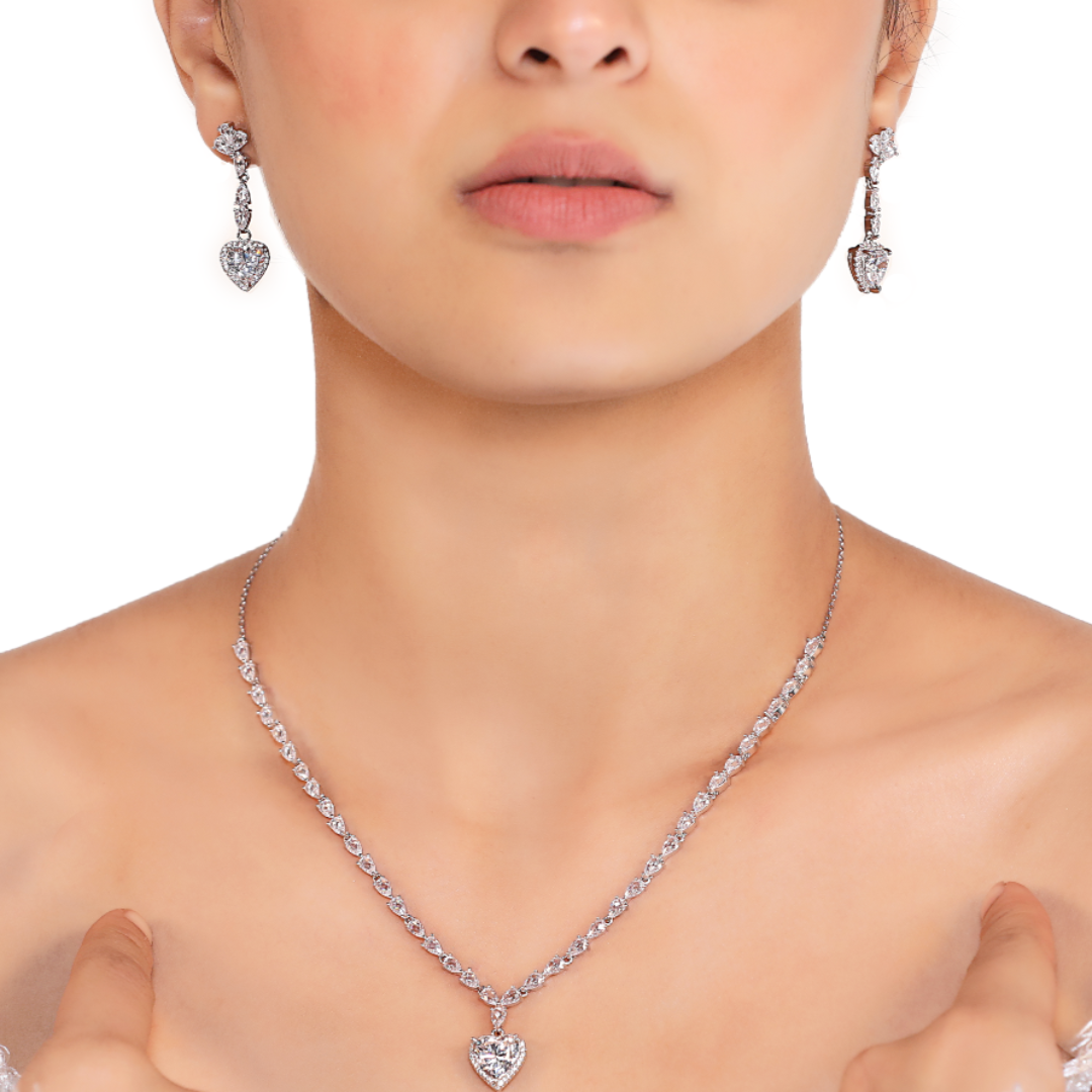 Silver CZ Studded Heart Cut Neckpiece with Earrings