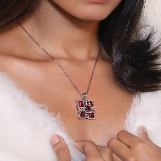 Rose Gold Ruby Square Pendant Set
