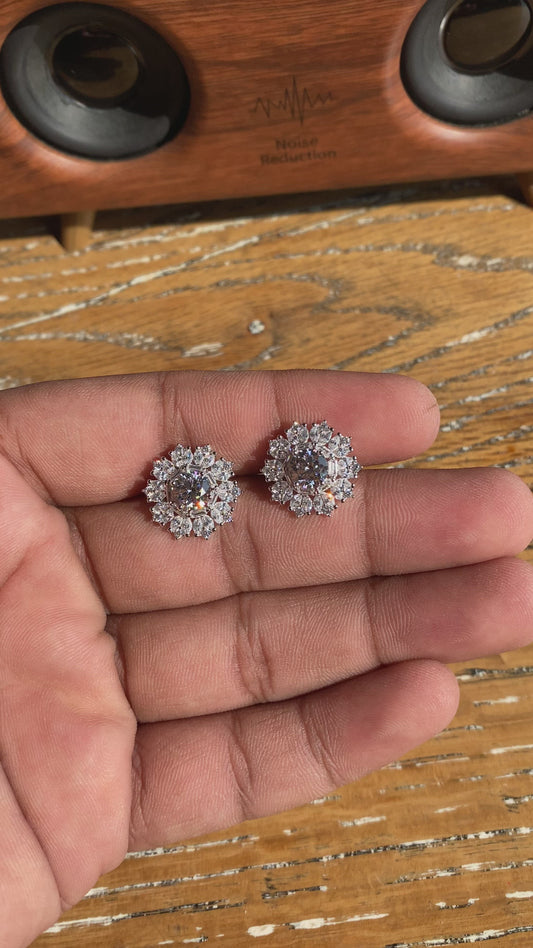 Silver Solitaire Flower Studs