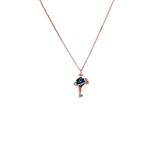 Rose Gold Enamel Saturn Key Chain And Locket