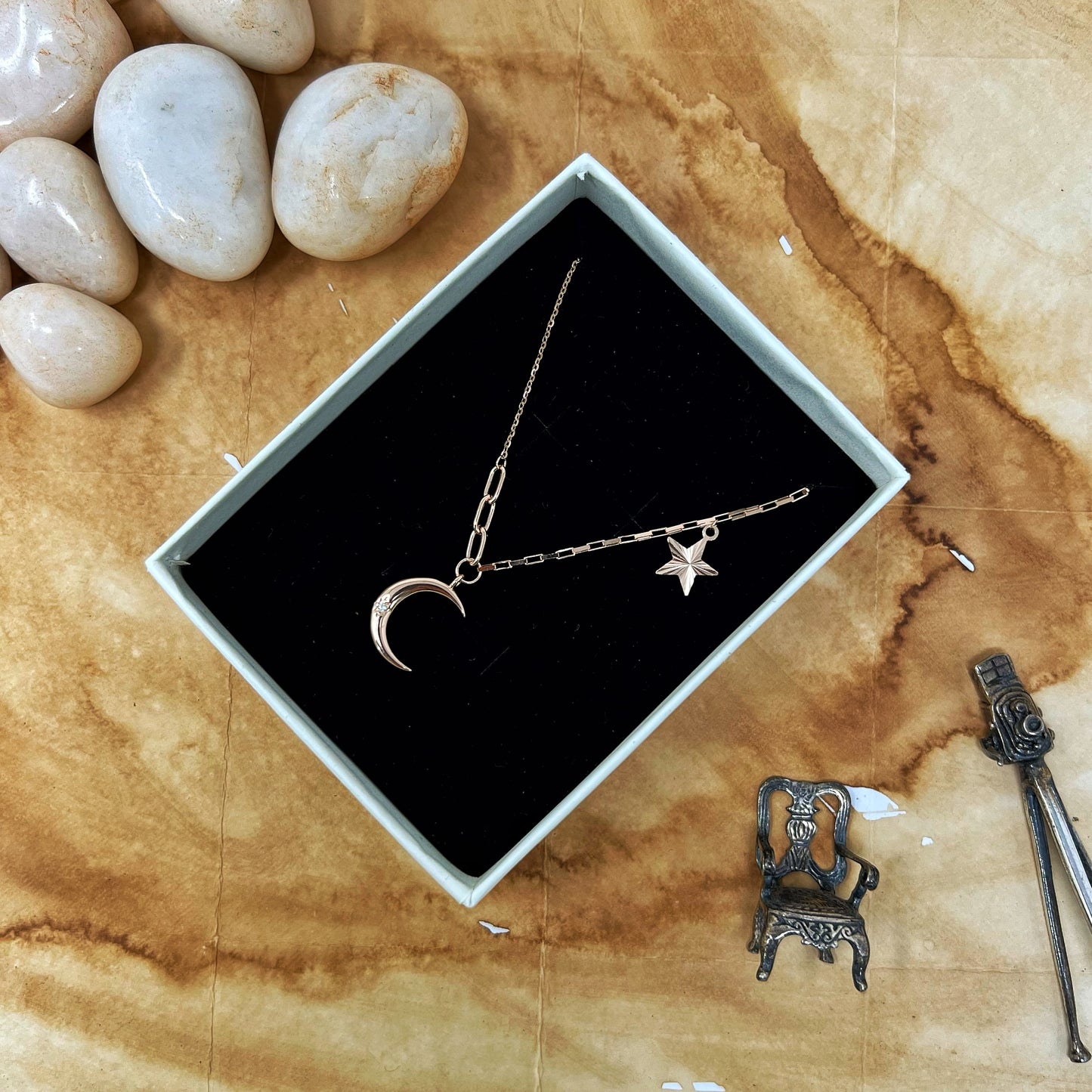 Rose Gold Half Moon And Star Chain And Locket
