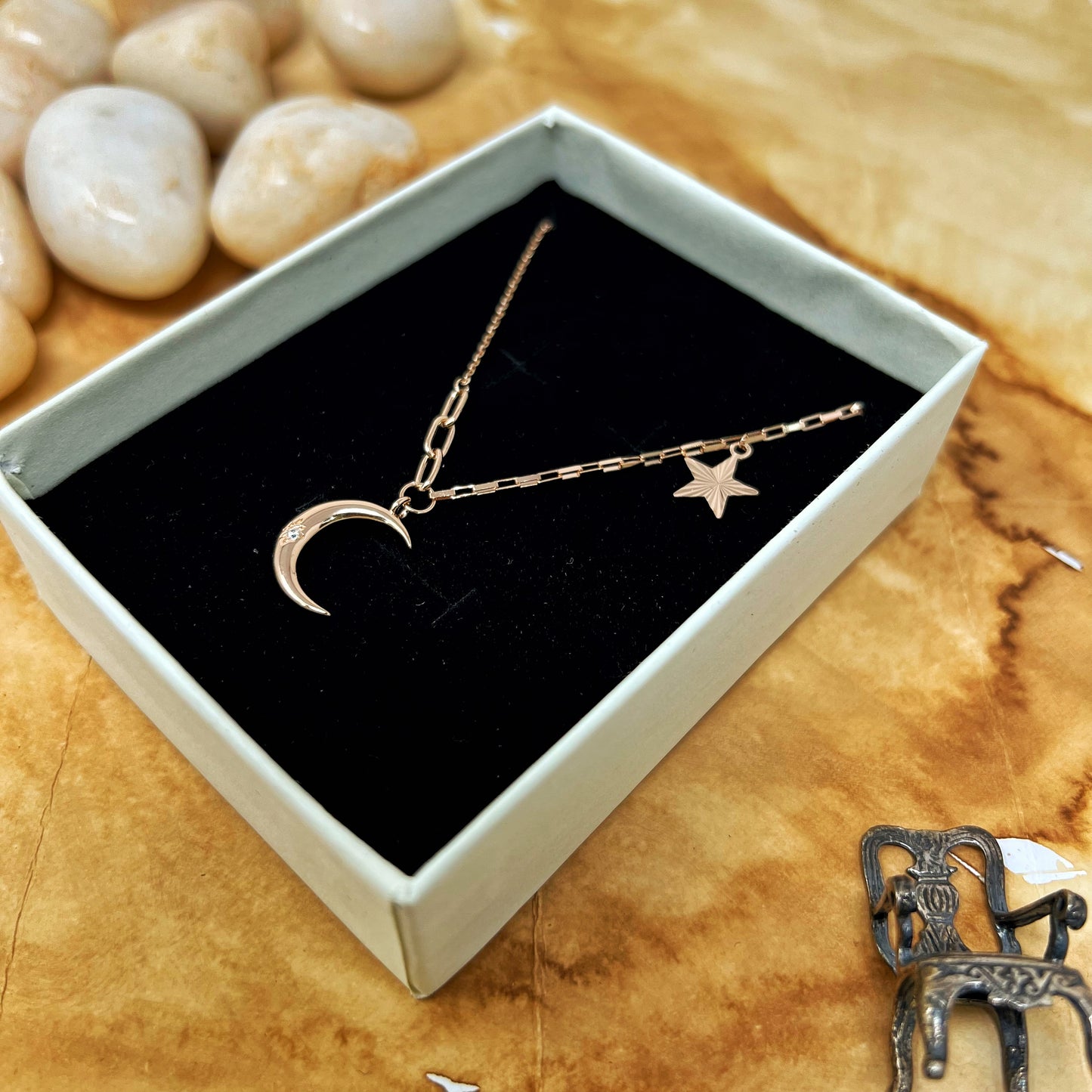 Rose Gold Half Moon And Star Chain And Locket
