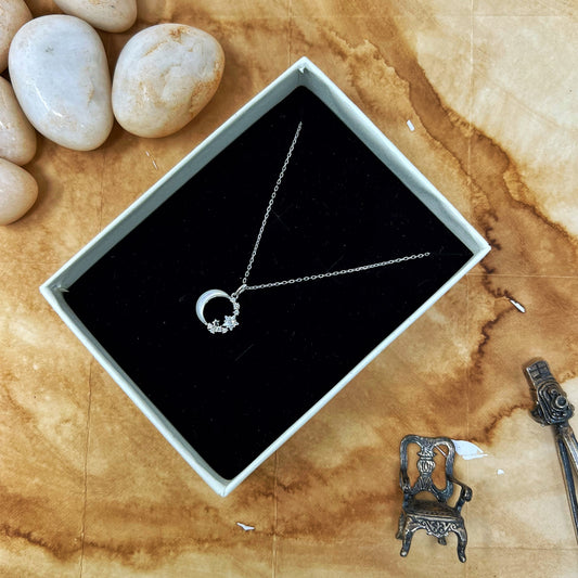 Silver MOP Moon And Zircon Studded Star Chain