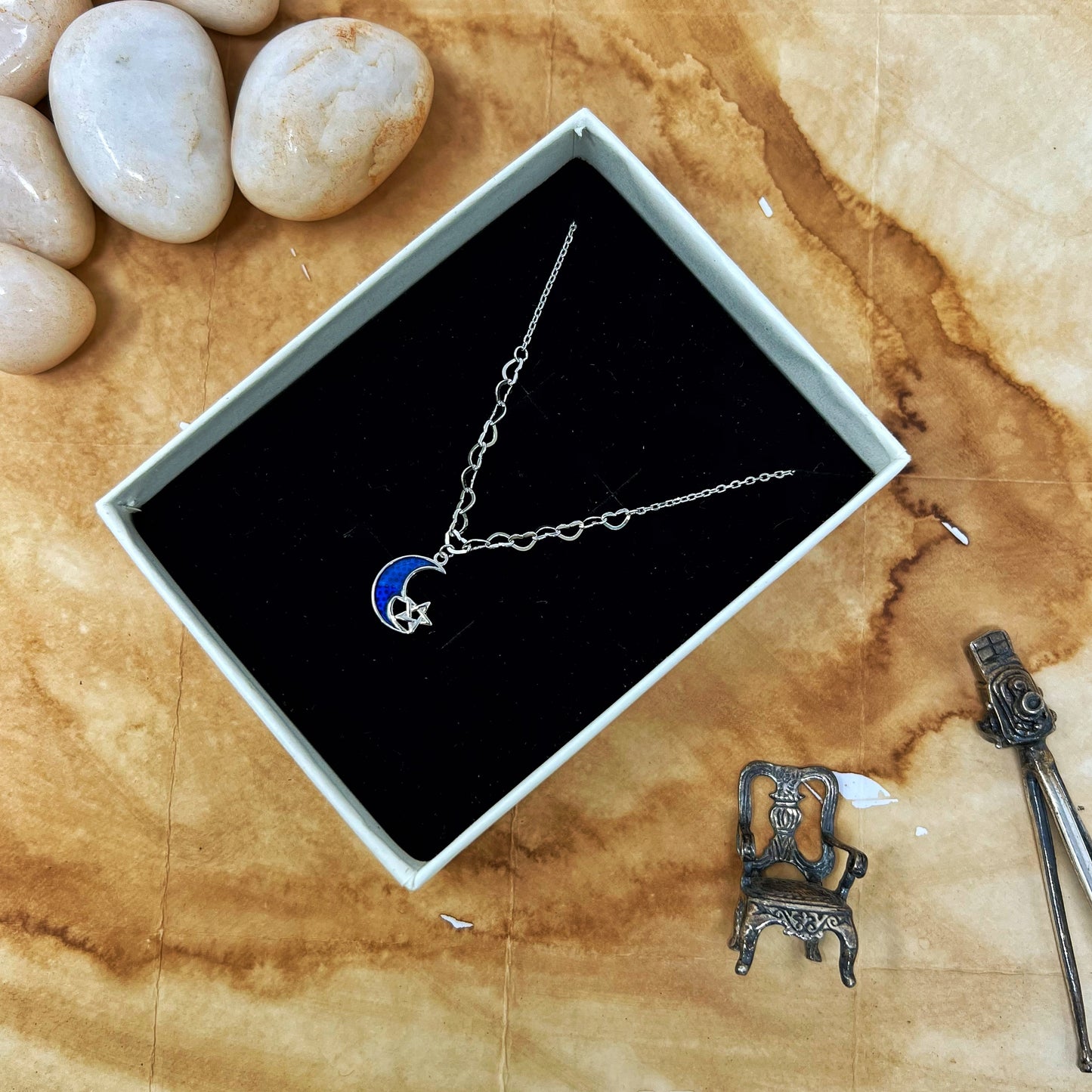 Silver Enamel Moon And Star Chain and Locket