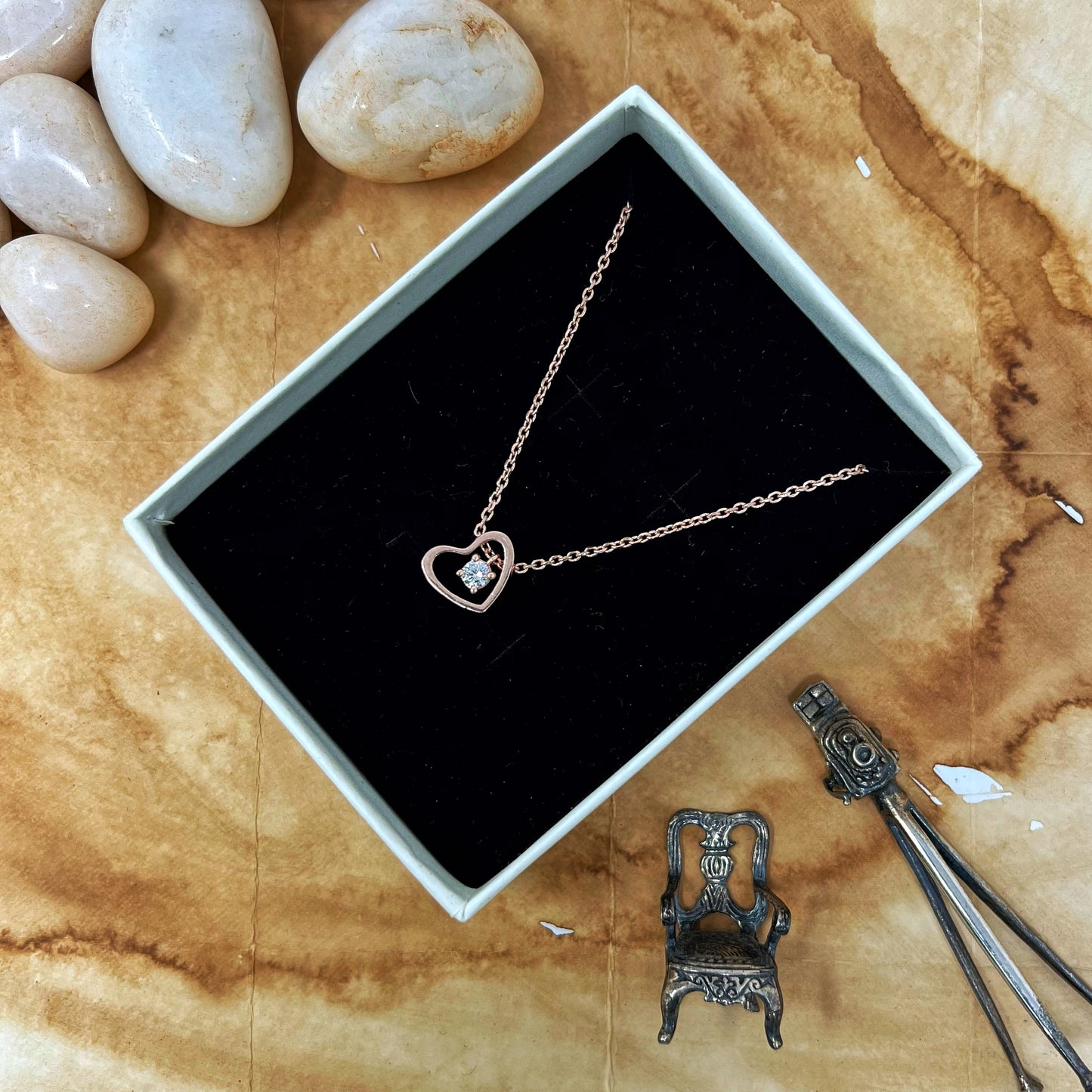 Rose Gold Solitaire Heart Chain And Locket
