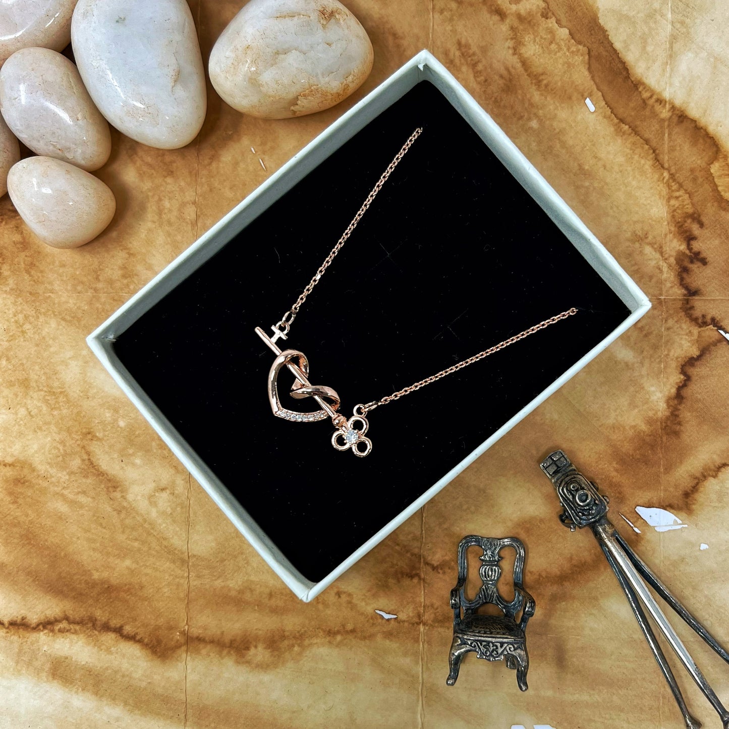 Rose Gold Heart And Key Chain And Locket