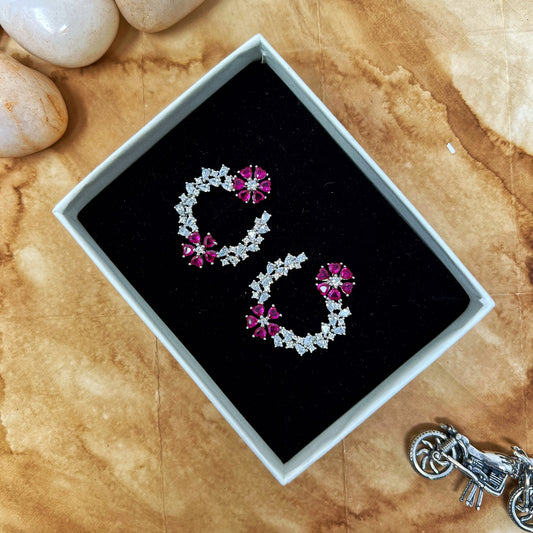 Silver Pink Flower Studs