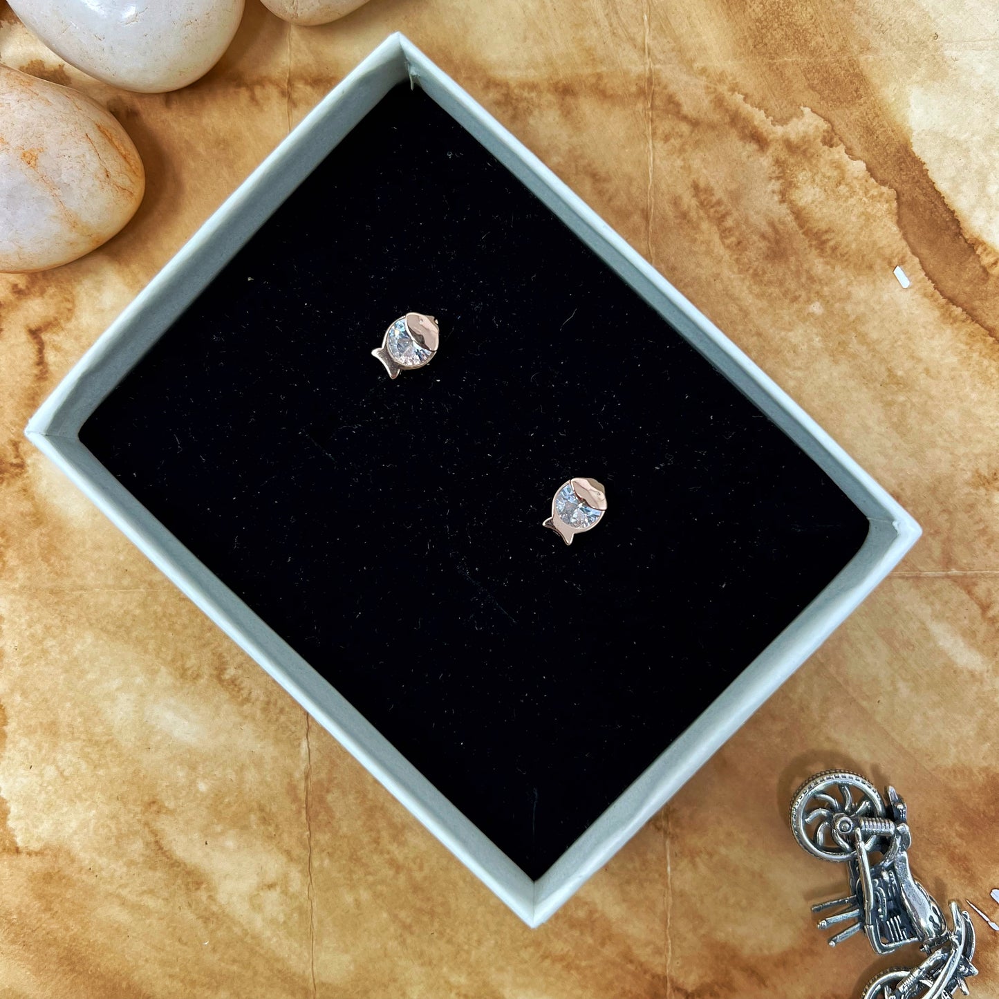 Rose Gold Solitaire Fish Studs