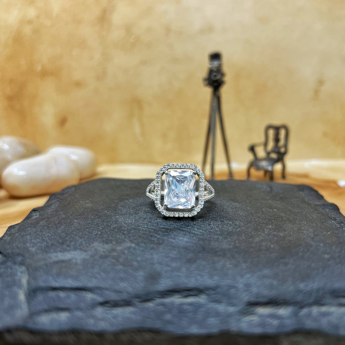Silver Halo Emerald Cut Ring