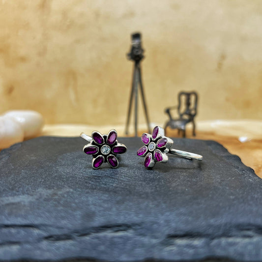 Silver Ruby Flower Toe Rings