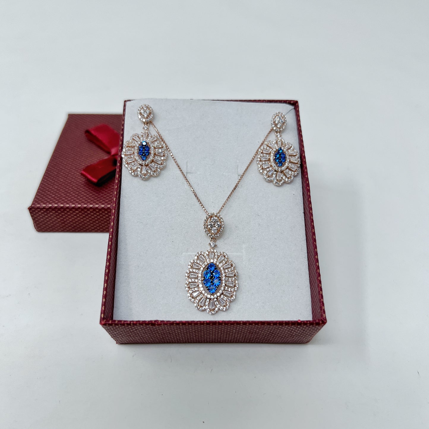 Rose Gold Blue Sapphire Pendant Set
